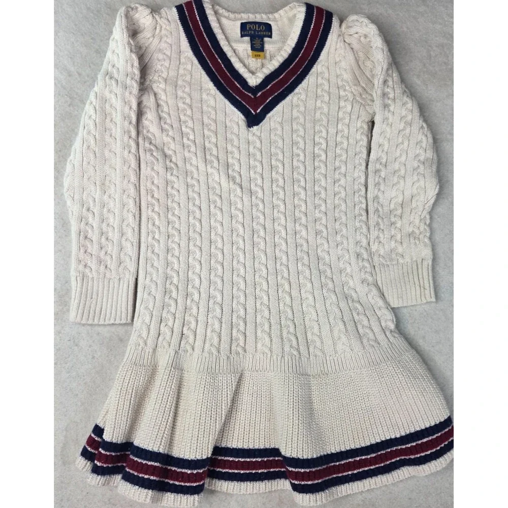 Polo Ralph Lauren Girls Cable Knit Sweater Dress Size 6 Ivory Cotton